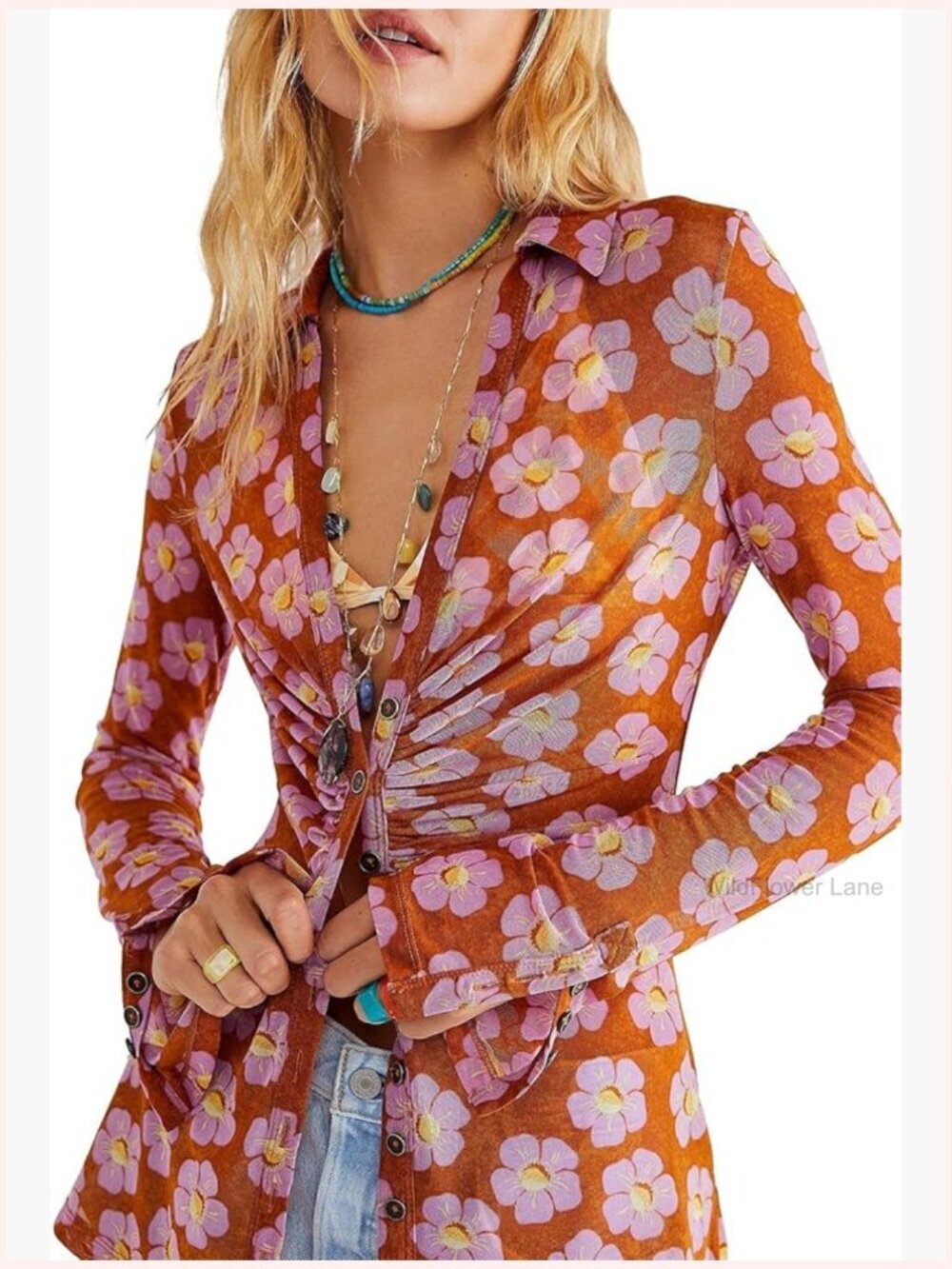 Floral Sheer Mesh Button Down Shirt Long Sleeve V Neck Y2K Streetwear Blouse